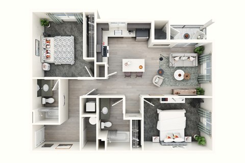 Floor plan for 2 beds, 2 baths, 966 sqft